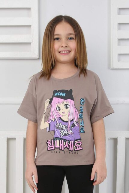 ORTA OVERSIZE TSHIRT ANIME BASKI - KAHVE