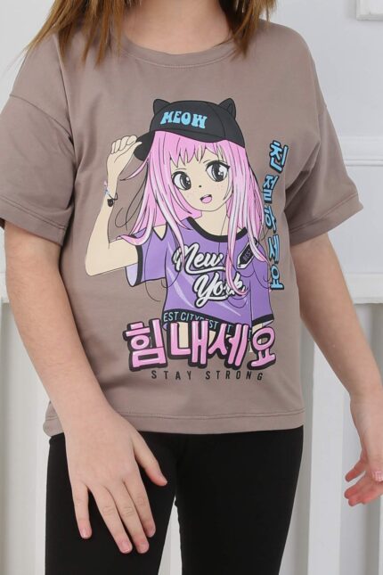 ORTA OVERSIZE TSHIRT ANIME BASKI - KAHVE
