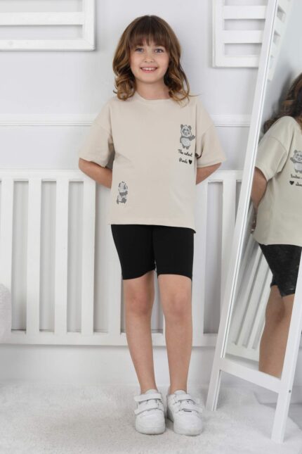 ORTA PANDA TASLI YAZILI T-SHIRT - BEJ