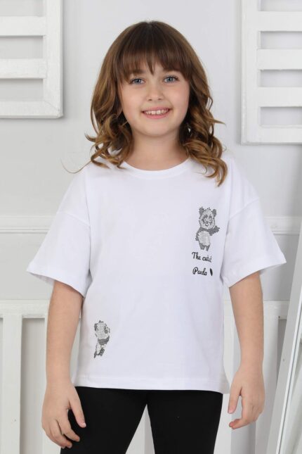 ORTA PANDA TASLI YAZILI T-SHIRT - BEYAZ