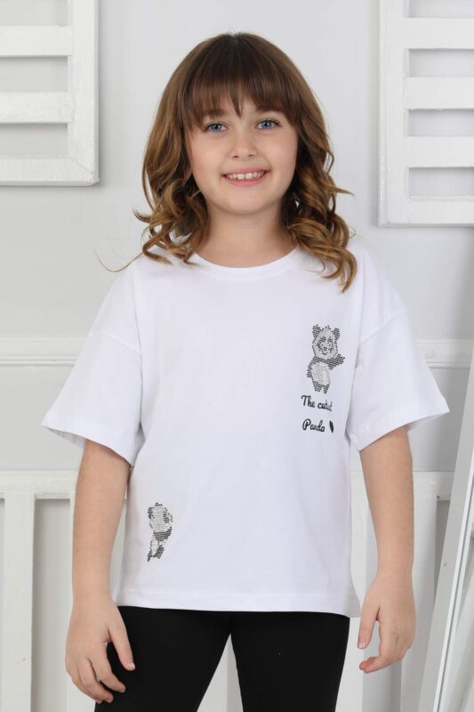 ORTA PANDA TASLI YAZILI T-SHIRT - BEYAZ