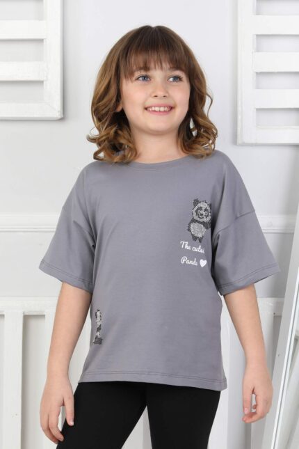 ORTA PANDA TASLI YAZILI T-SHIRT - FÜME