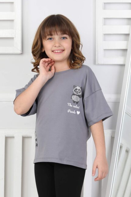 ORTA PANDA TASLI YAZILI T-SHIRT - FÜME