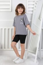 ORTA PANDA TASLI YAZILI T-SHIRT - FÜME