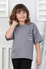 ORTA PANDA TASLI YAZILI T-SHIRT - FÜME