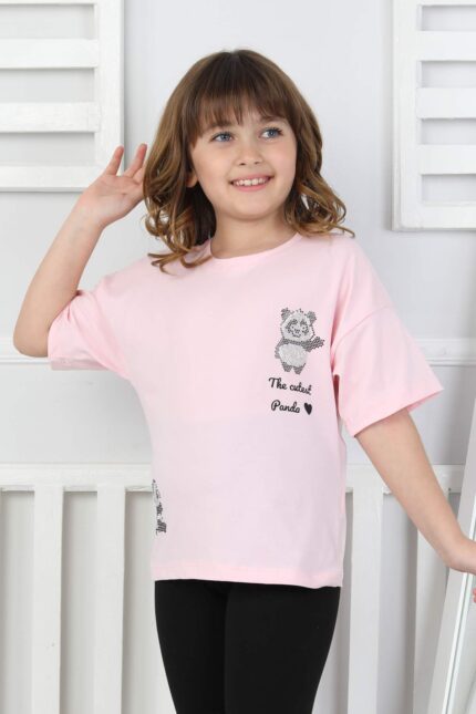 ORTA PANDA TASLI YAZILI T-SHIRT - PEMBE