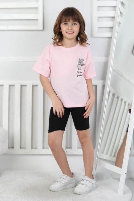 ORTA PANDA TASLI YAZILI T-SHIRT - PEMBE