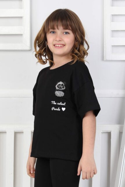 ORTA PANDA TASLI YAZILI T-SHIRT - SİYAH
