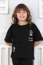 ORTA PANDA TASLI YAZILI T-SHIRT - SİYAH