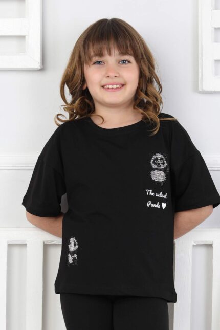 ORTA PANDA TASLI YAZILI T-SHIRT - SİYAH