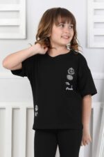 ORTA PANDA TASLI YAZILI T-SHIRT - SİYAH
