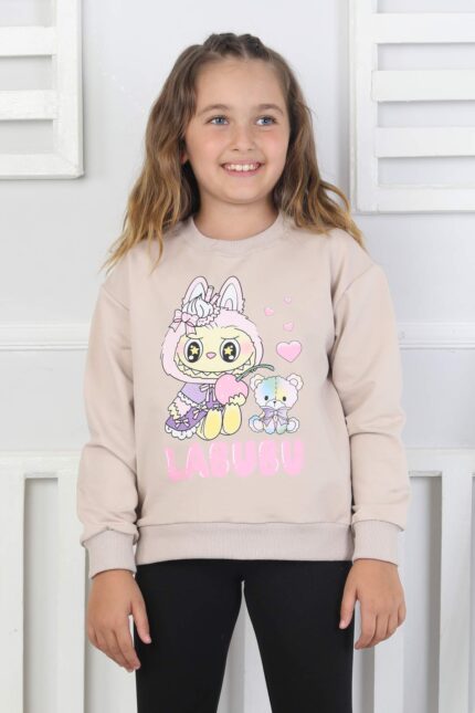 ORTA SWEAT BİSİKLET YAKA LABUBU BASKI - BEJ