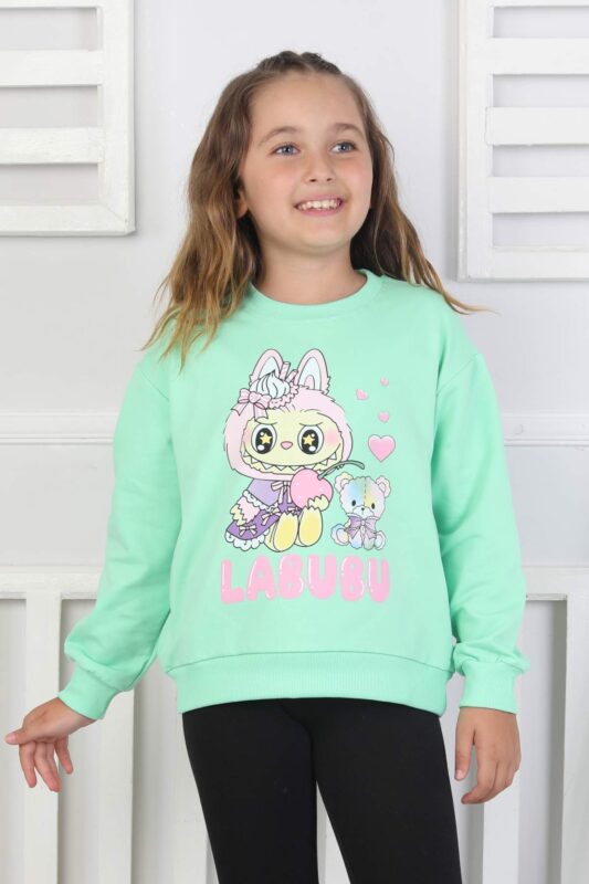 ORTA SWEAT BİSİKLET YAKA LABUBU BASKI - ELMA YEŞİLİ