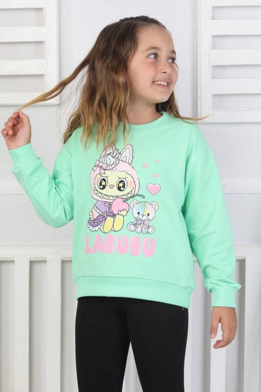 ORTA SWEAT BİSİKLET YAKA LABUBU BASKI - ELMA YEŞİLİ