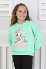 ORTA SWEAT BİSİKLET YAKA LABUBU BASKI - ELMA YEŞİLİ
