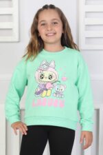 ORTA SWEAT BİSİKLET YAKA LABUBU BASKI - ELMA YEŞİLİ