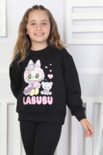 ORTA SWEAT BİSİKLET YAKA LABUBU BASKI - SİYAH