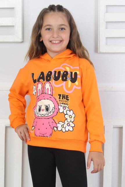 ORTA SWEAT KAPŞONLU LABUBU BASKI - ORANJ