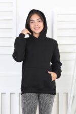 SWEET GARSON ÜÇ İPLİK KANGURU CEPLİ KAPİŞONLU BASKISIZ - SİYAH