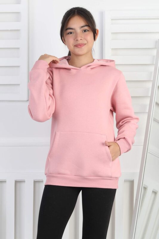 SWEET GARSON ÜÇ İPLİK KANGURU CEPLİ KAPİŞONLU BASKISIZ - PEMBE