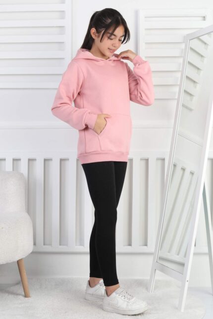 SWEET GARSON ÜÇ İPLİK KANGURU CEPLİ KAPİŞONLU BASKISIZ - PEMBE