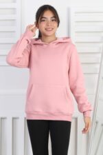 SWEET GARSON ÜÇ İPLİK KANGURU CEPLİ KAPİŞONLU BASKISIZ - PEMBE