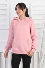 SWEET GARSON ÜÇ İPLİK KANGURU CEPLİ KAPİŞONLU BASKISIZ - PEMBE