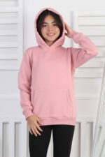 SWEET GARSON ÜÇ İPLİK KANGURU CEPLİ KAPİŞONLU BASKISIZ - PEMBE