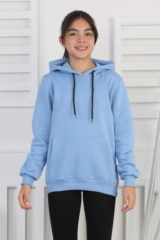 SWEET GARSON ÜÇ İPLİK KANGURU CEPLİ KAPİŞONLU BASKISIZ - MAVİ