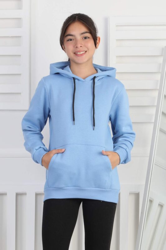 SWEET GARSON ÜÇ İPLİK KANGURU CEPLİ KAPİŞONLU BASKISIZ - MAVİ