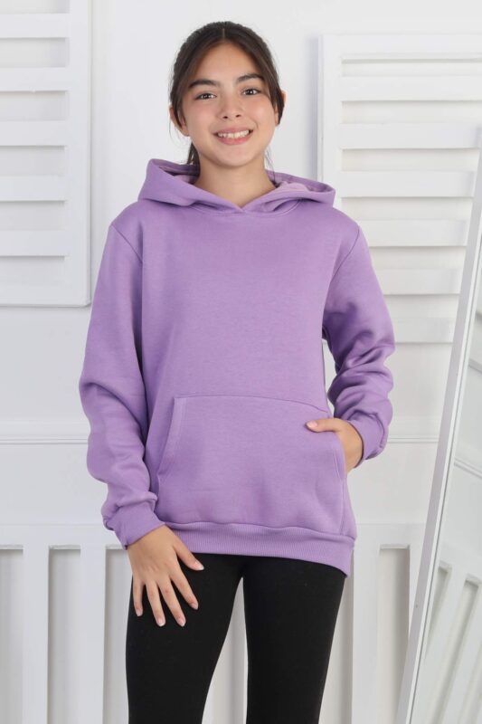 SWEET GARSON ÜÇ İPLİK KANGURU CEPLİ KAPİŞONLU BASKISIZ - LİLA