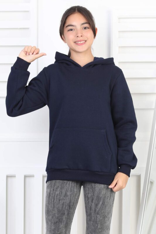 SWEET GARSON ÜÇ İPLİK KANGURU CEPLİ KAPİŞONLU BASKISIZ - LACİVERT