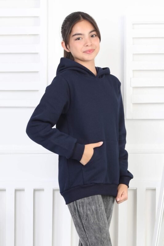 SWEET GARSON ÜÇ İPLİK KANGURU CEPLİ KAPİŞONLU BASKISIZ - LACİVERT