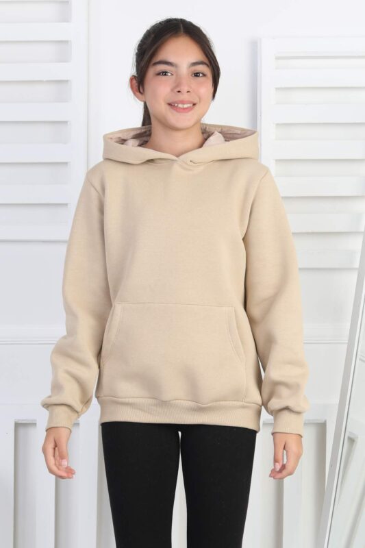 SWEET GARSON ÜÇ İPLİK KANGURU CEPLİ KAPİŞONLU BASKISIZ - BEJ