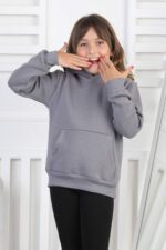 SWEET ORTA ÜÇ İPLİK KANGURU CEPLİ KAPŞONLU  BASKISIZ - FÜME