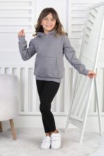 SWEET ORTA ÜÇ İPLİK KANGURU CEPLİ KAPŞONLU  BASKISIZ - FÜME