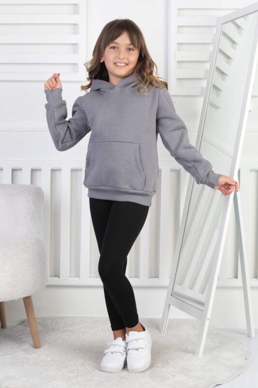 SWEET ORTA ÜÇ İPLİK KANGURU CEPLİ KAPŞONLU  BASKISIZ - FÜME