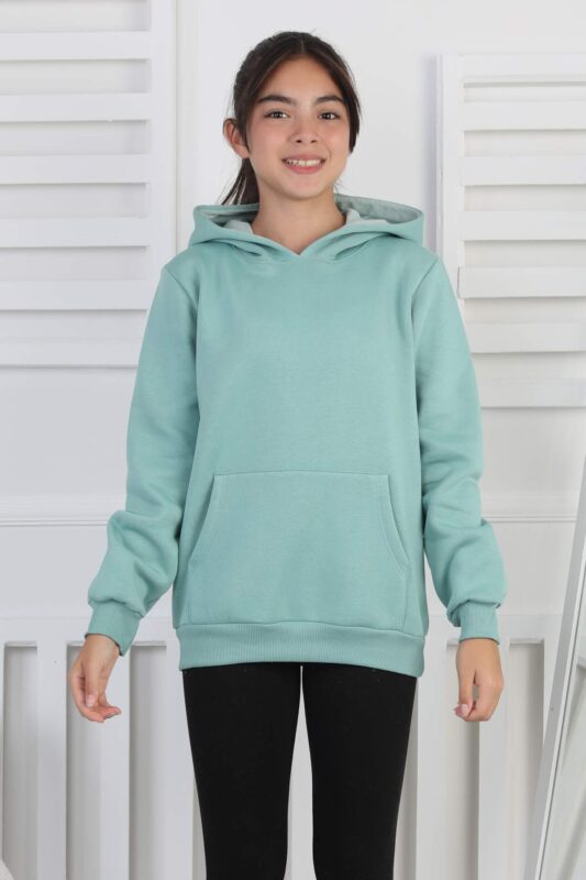 SWEET ORTA ÜÇ İPLİK KANGURU CEPLİ KAPŞONLU  BASKISIZ - KOYU YEŞİL