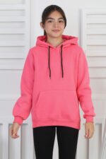 SWEET ORTA ÜÇ İPLİK KANGURU CEPLİ KAPŞONLU  BASKISIZ - GÜL KURUSU