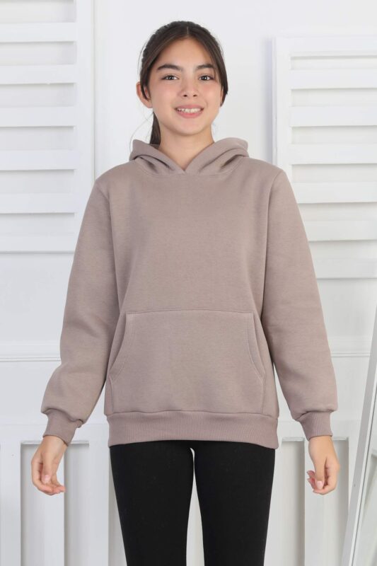 SWEET ORTA ÜÇ İPLİK KANGURU CEPLİ KAPŞONLU  BASKISIZ - KAHVE