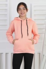 SWEET ORTA ÜÇ İPLİK KANGURU CEPLİ KAPŞONLU  BASKISIZ - PUDRA