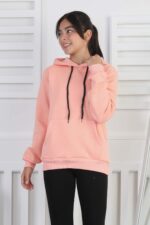 SWEET ORTA ÜÇ İPLİK KANGURU CEPLİ KAPŞONLU  BASKISIZ - PUDRA