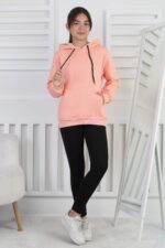 SWEET ORTA ÜÇ İPLİK KANGURU CEPLİ KAPŞONLU  BASKISIZ - PUDRA