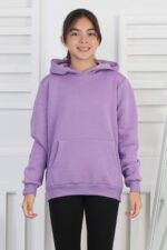 SWEET ORTA ÜÇ İPLİK KANGURU CEPLİ KAPŞONLU  BASKISIZ - LİLA