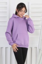 SWEET ORTA ÜÇ İPLİK KANGURU CEPLİ KAPŞONLU  BASKISIZ - LİLA